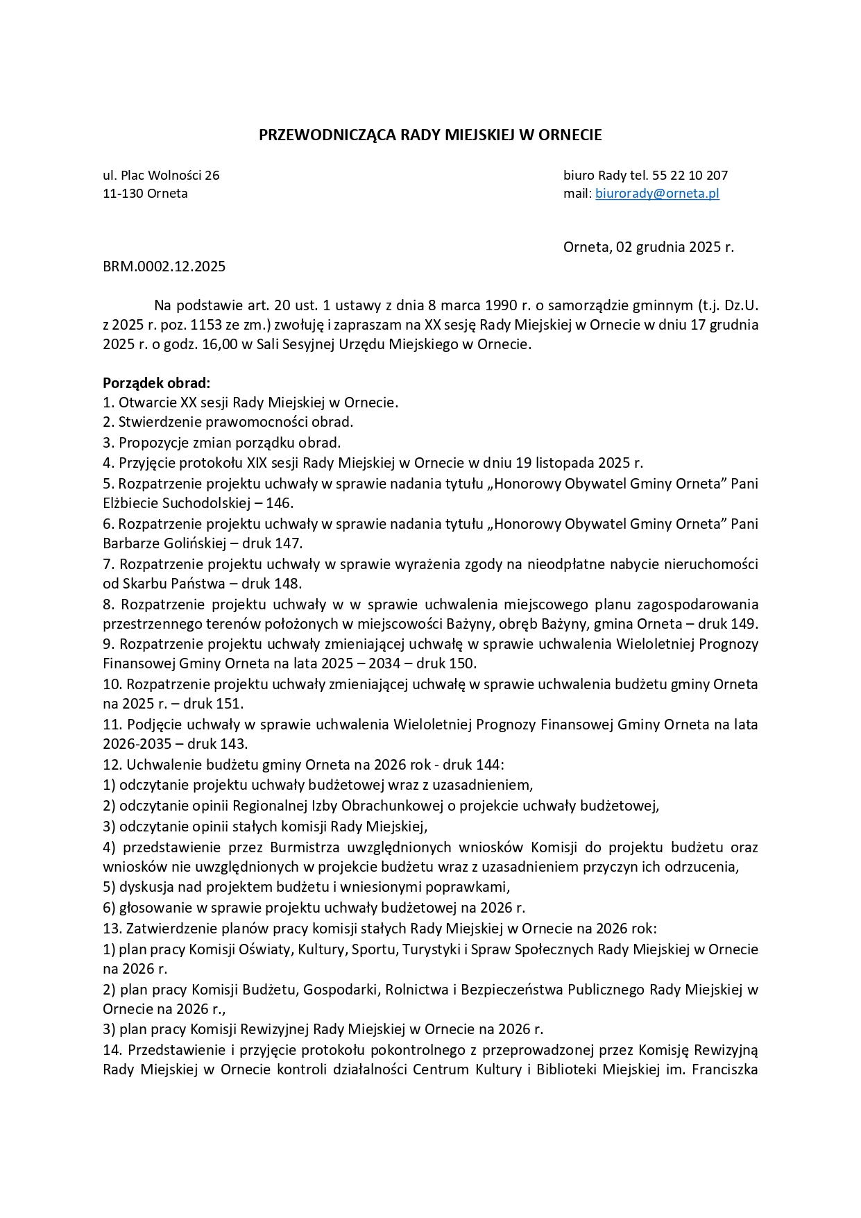 XX sesja Rady Miejskiej w Ornecie - zawiadomienie